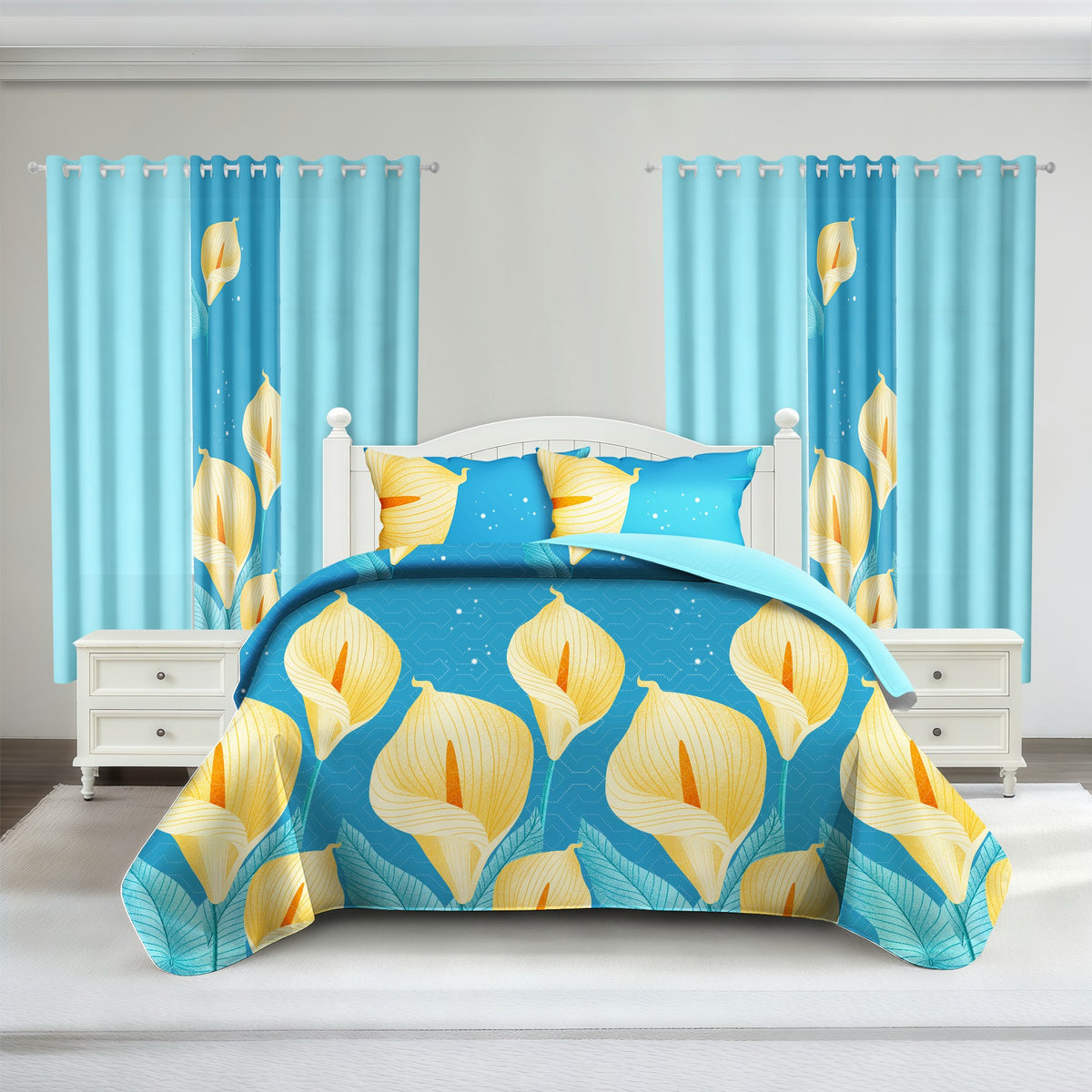 Blue & Yellow Floral bedspread and curtain set - coordinated bedroom