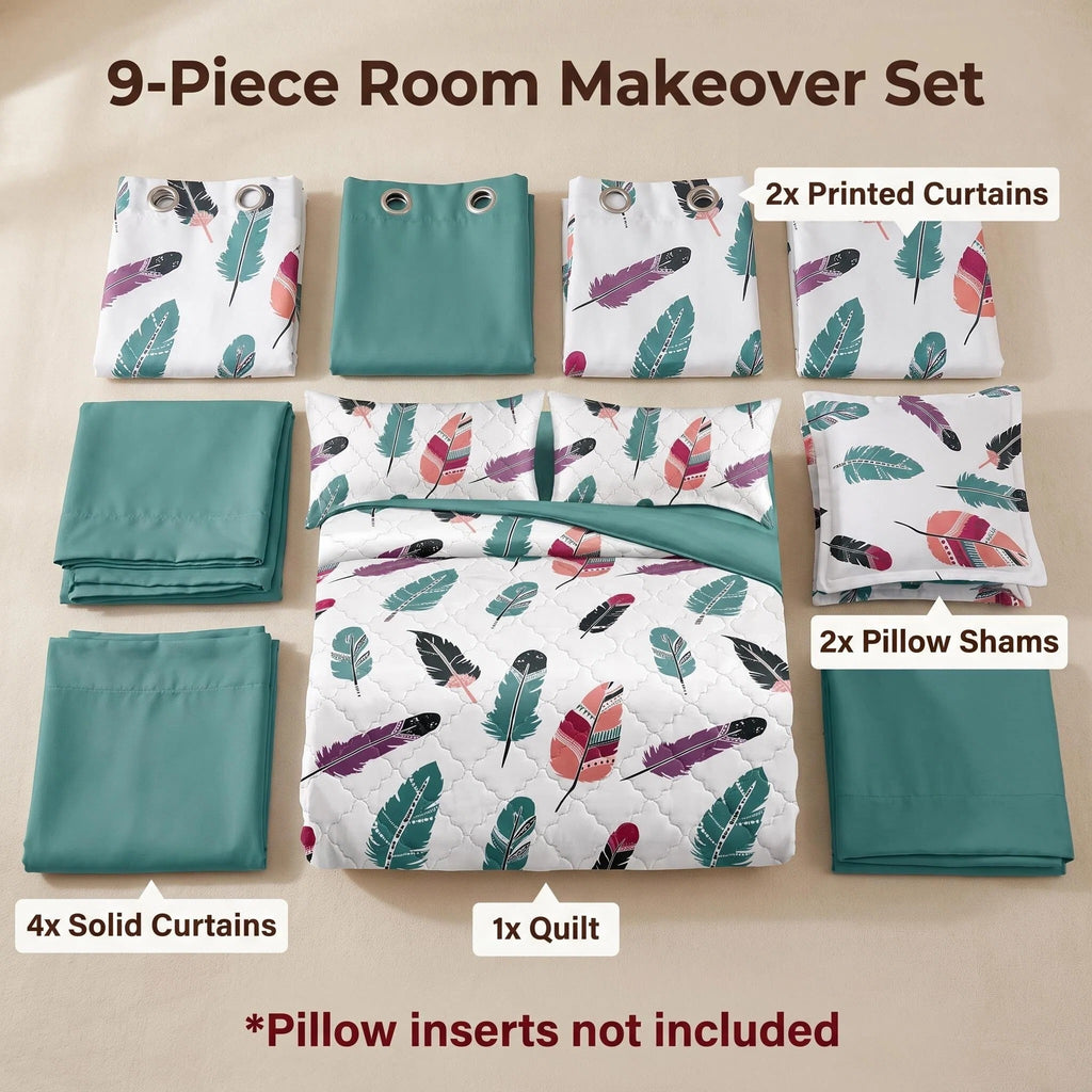 Boho Feather Bedspread & Curtain Set – 9 Pieces