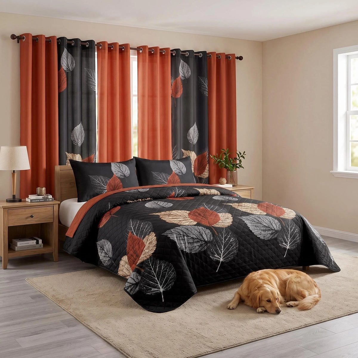 Brown & Black Leaf bedspread and curtain set - coordinated bedroom