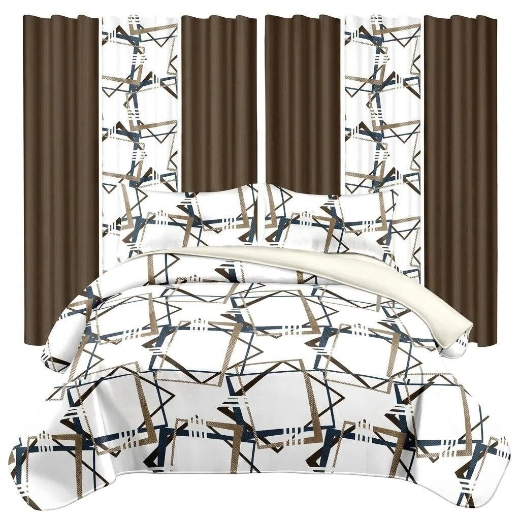 Brown Geometric bedspread and curtain set - coordinated bedroom