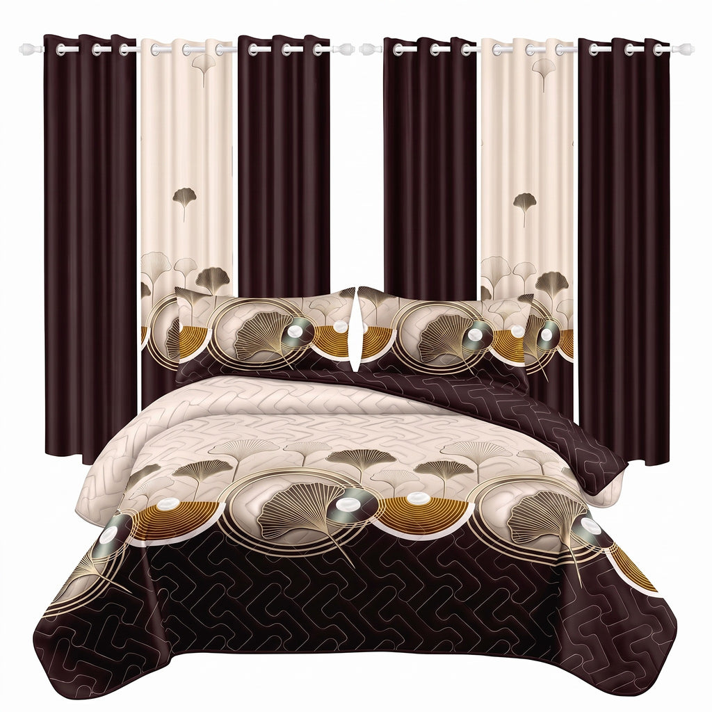 Brown Ginkgo Leaf Bedspread & Curtain Set – 9 Pieces