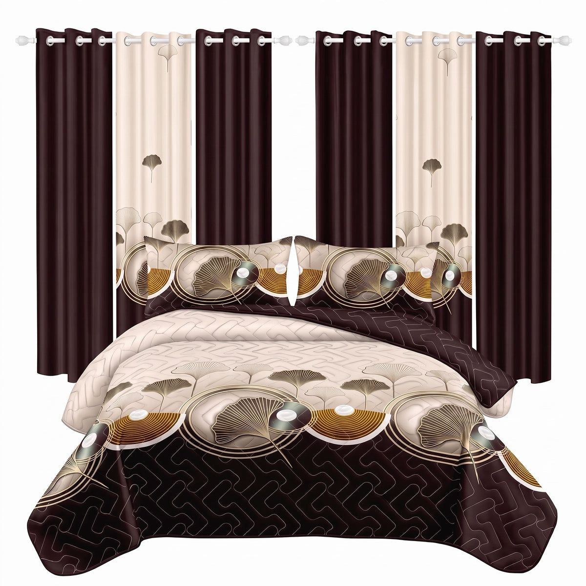 Brown Ginkgo Leaf Bedspread & Curtain Set – 9 Pieces