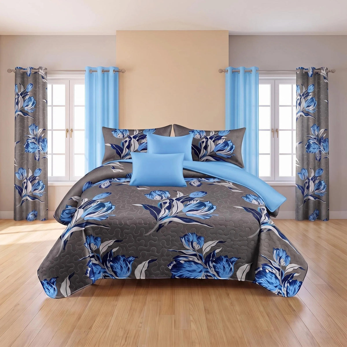 Charcoal & Blue Floral Bedspread & Curtain Set – 9 Pieces