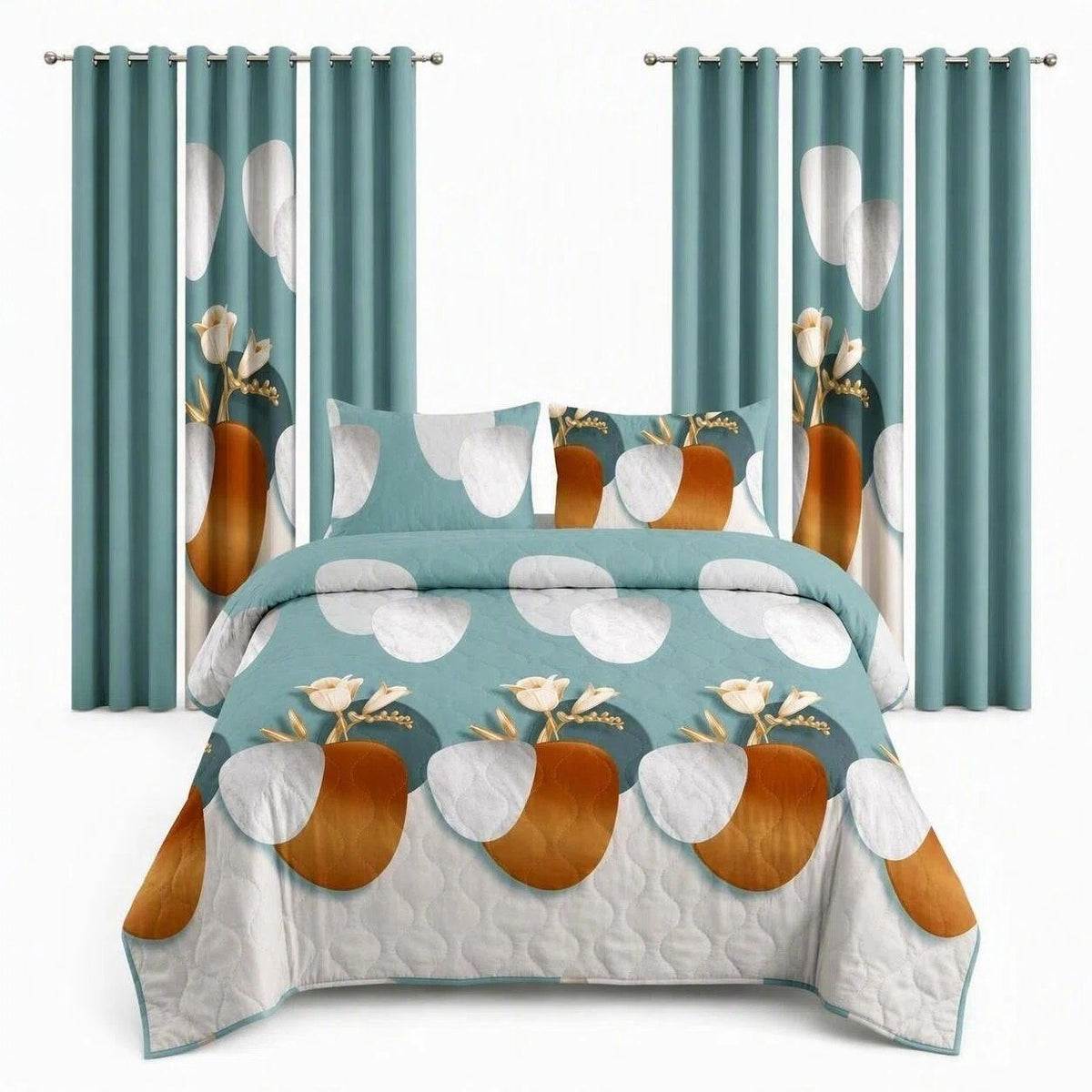 Green Geometric Circle bedspread and curtain set - coordinated bedroom