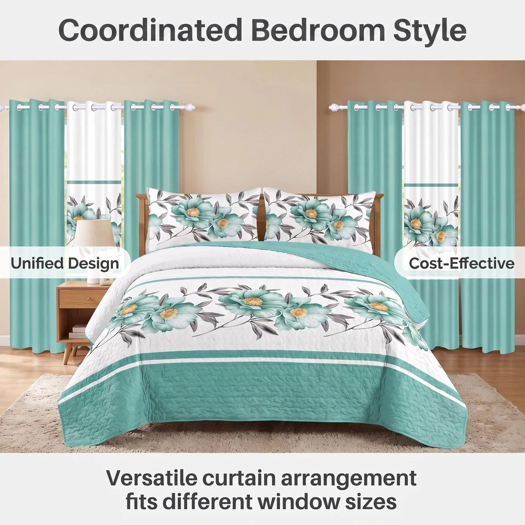 Green Rose Bedspread & Curtain Set – 9 Pieces