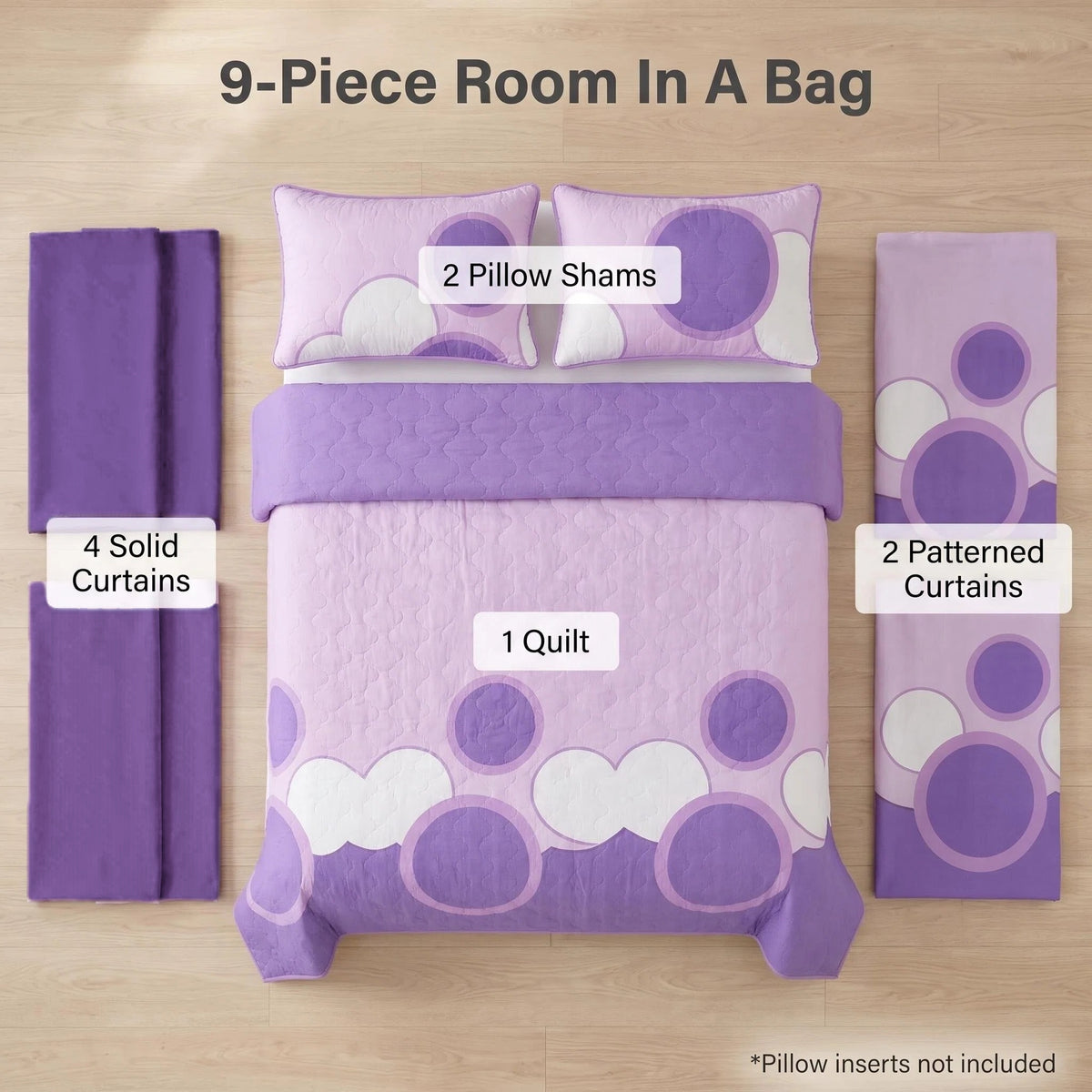Nine included pieces: one bedspread, two pillow shams and six curtain panels — click image to close