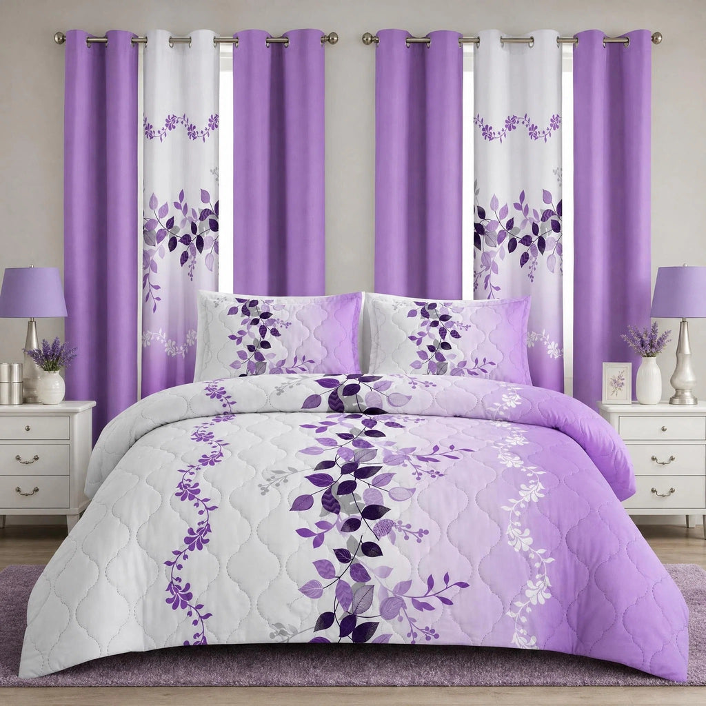 Lavender Leaf Bedspread & Curtain Set – 9 Pieces