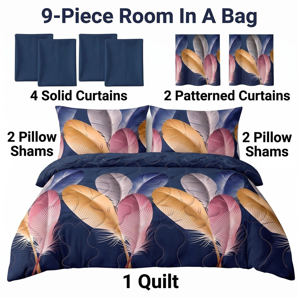 Navy Feather bedspread and curtain set - nine-piece set contents