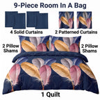Navy Feather bedspread and curtain set - nine-piece set contents