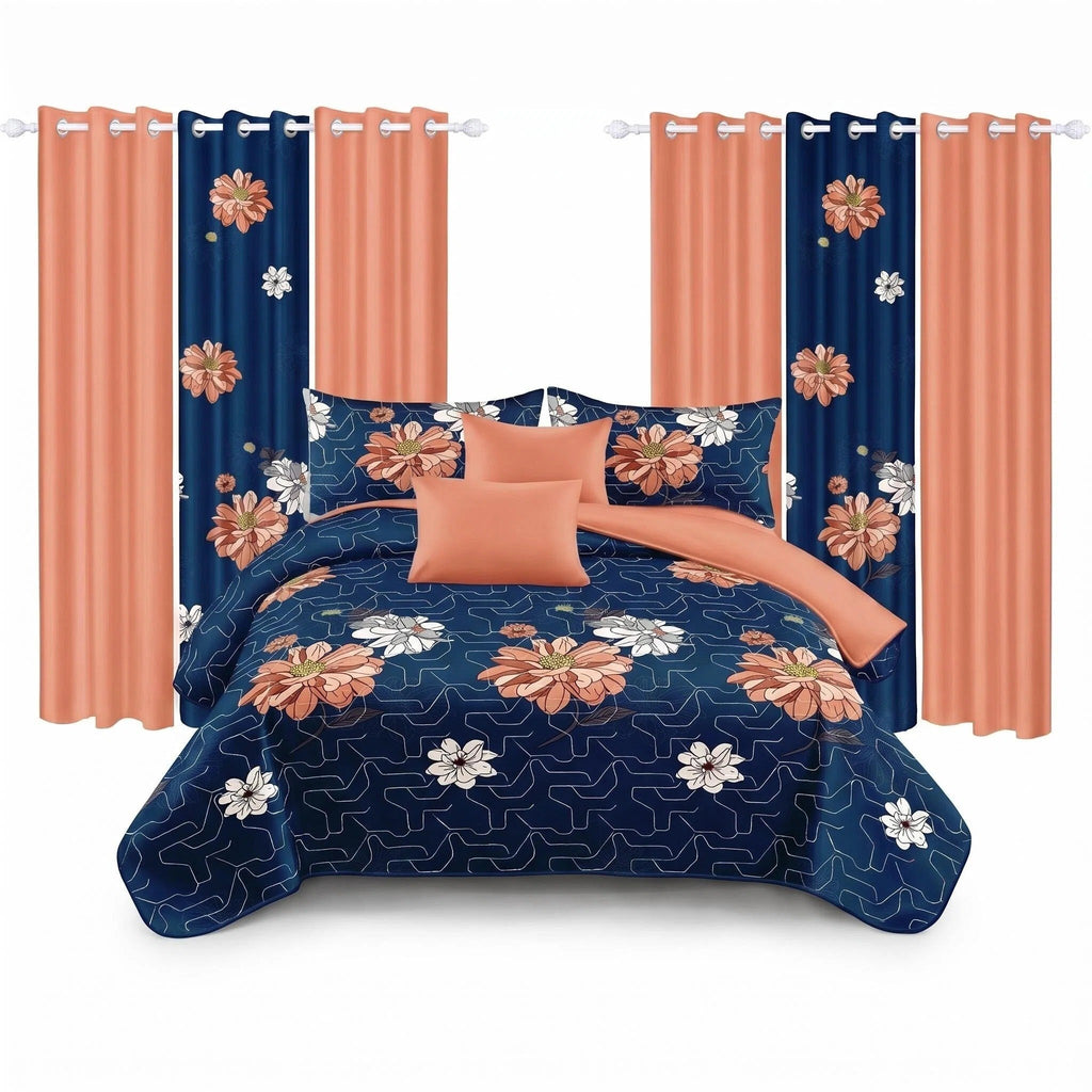 Navy & Red Floral bedspread and curtain set - coordinated bedroom