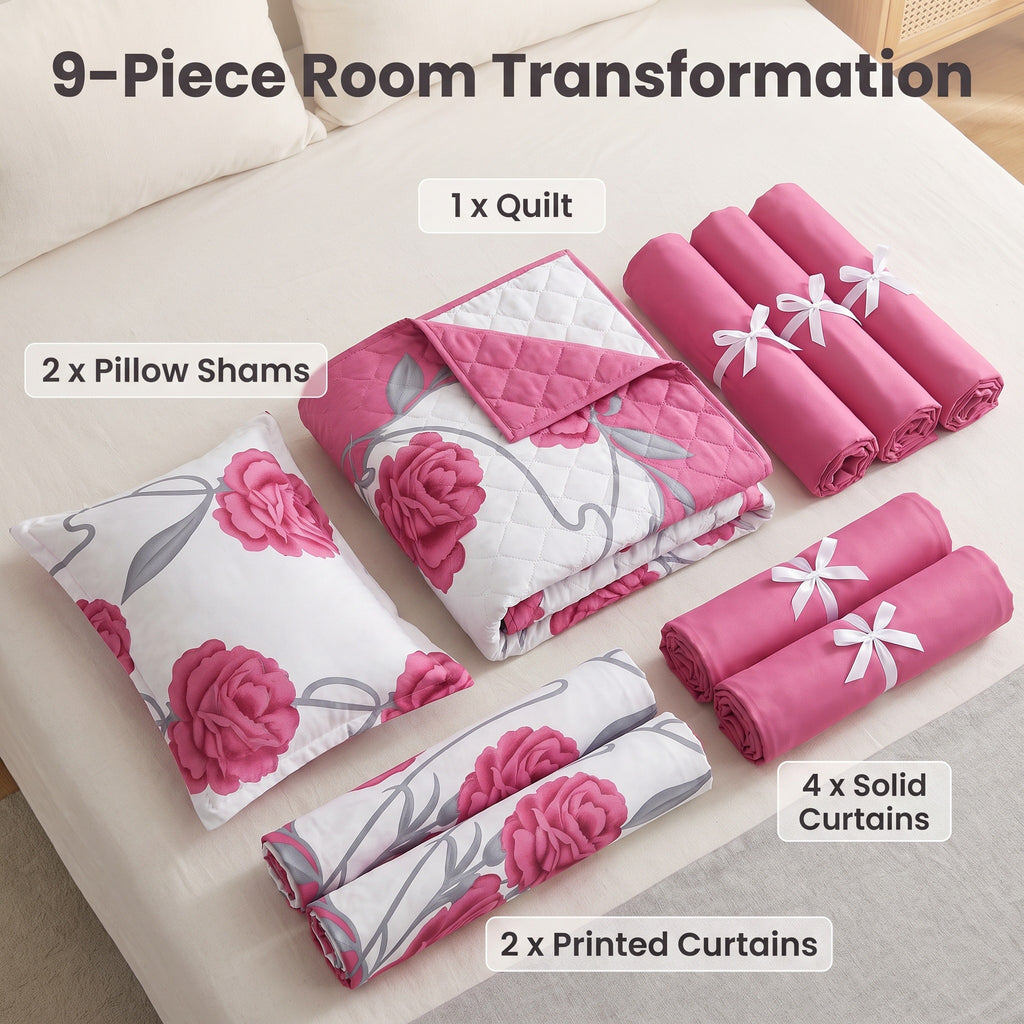 Pink Rose Bedspread & Curtain Set – 9 Pieces
