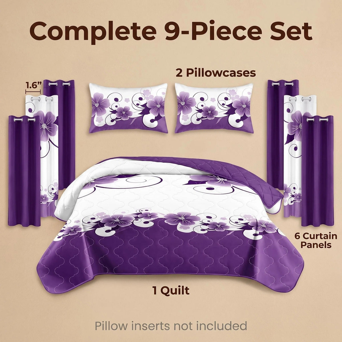 Purple Gardenia Bedspread & Curtain Set – 9 Pieces