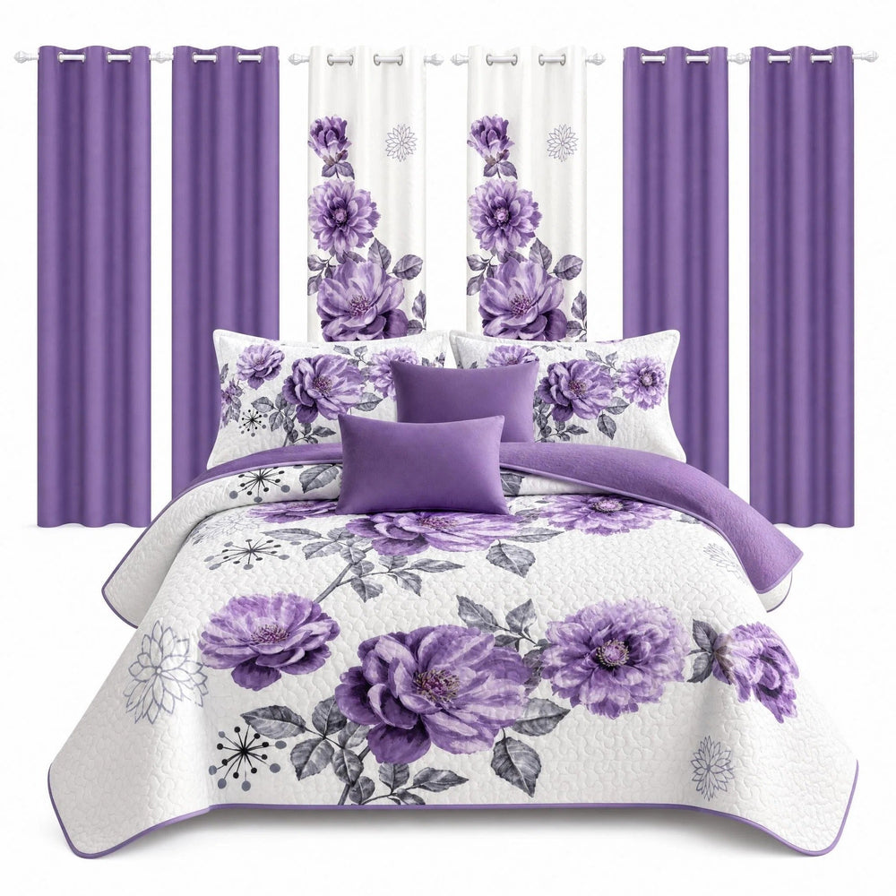 Nine included pieces: one bedspread, two pillow shams and six curtain panels