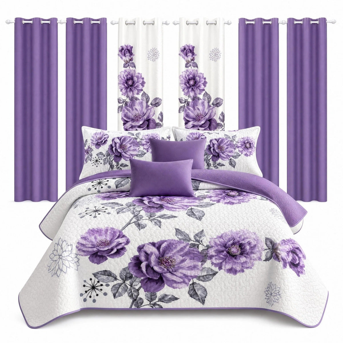 Nine included pieces: one bedspread, two pillow shams and six curtain panels — click image to close