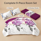 Purple Rose Floral Bedspread & Curtain Set – 9 Pieces