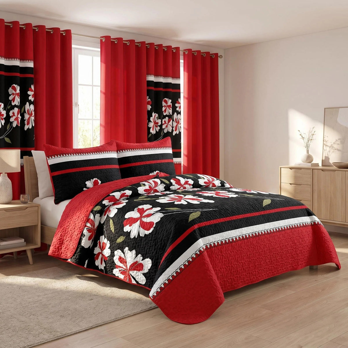 Red & Black Floral bedspread and curtain set - coordinated bedroom