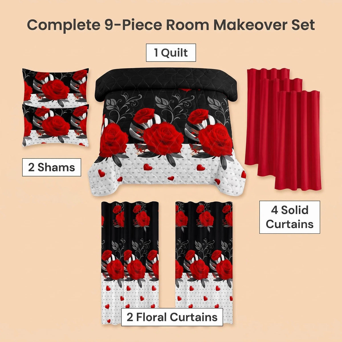 Red Peony Bedspread & Curtain Set – 9 Pieces