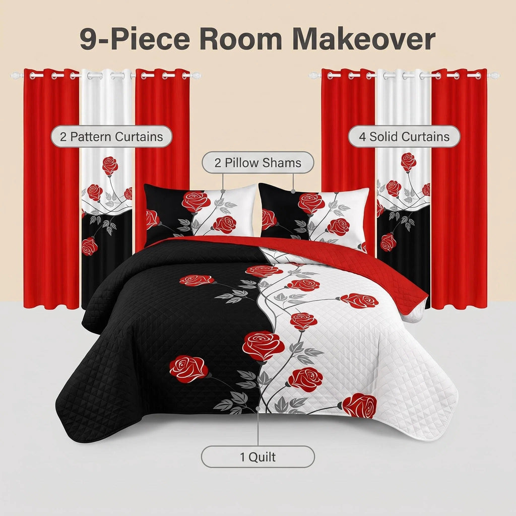 Red Rose Two-Tone Bedspread & Curtain Set – 9 Pieces