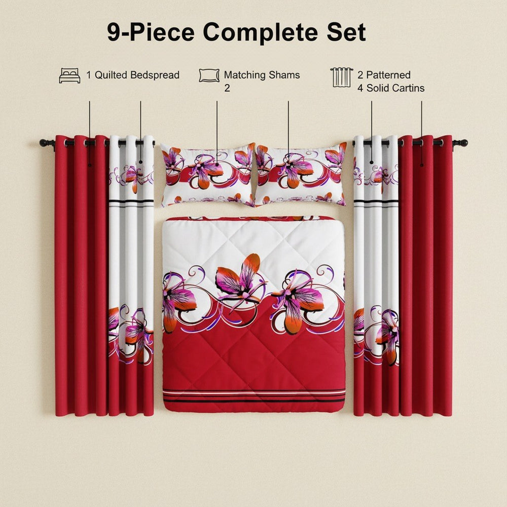 Nine included pieces: one bedspread, two pillow shams and six curtain panels