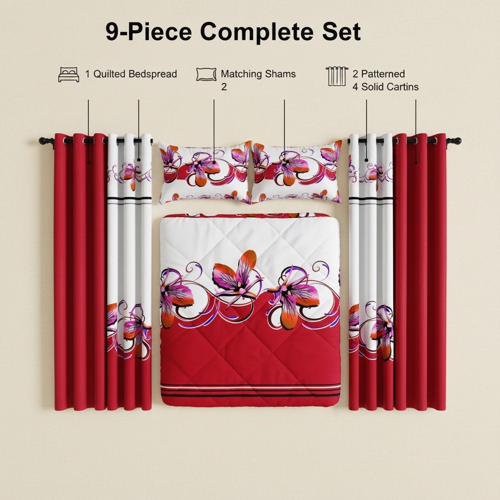Red & White Butterfly bedspread and curtain set - nine-piece set contents