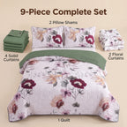 Sage Green Floral Bedspread & Curtain Set – 9 Pieces
