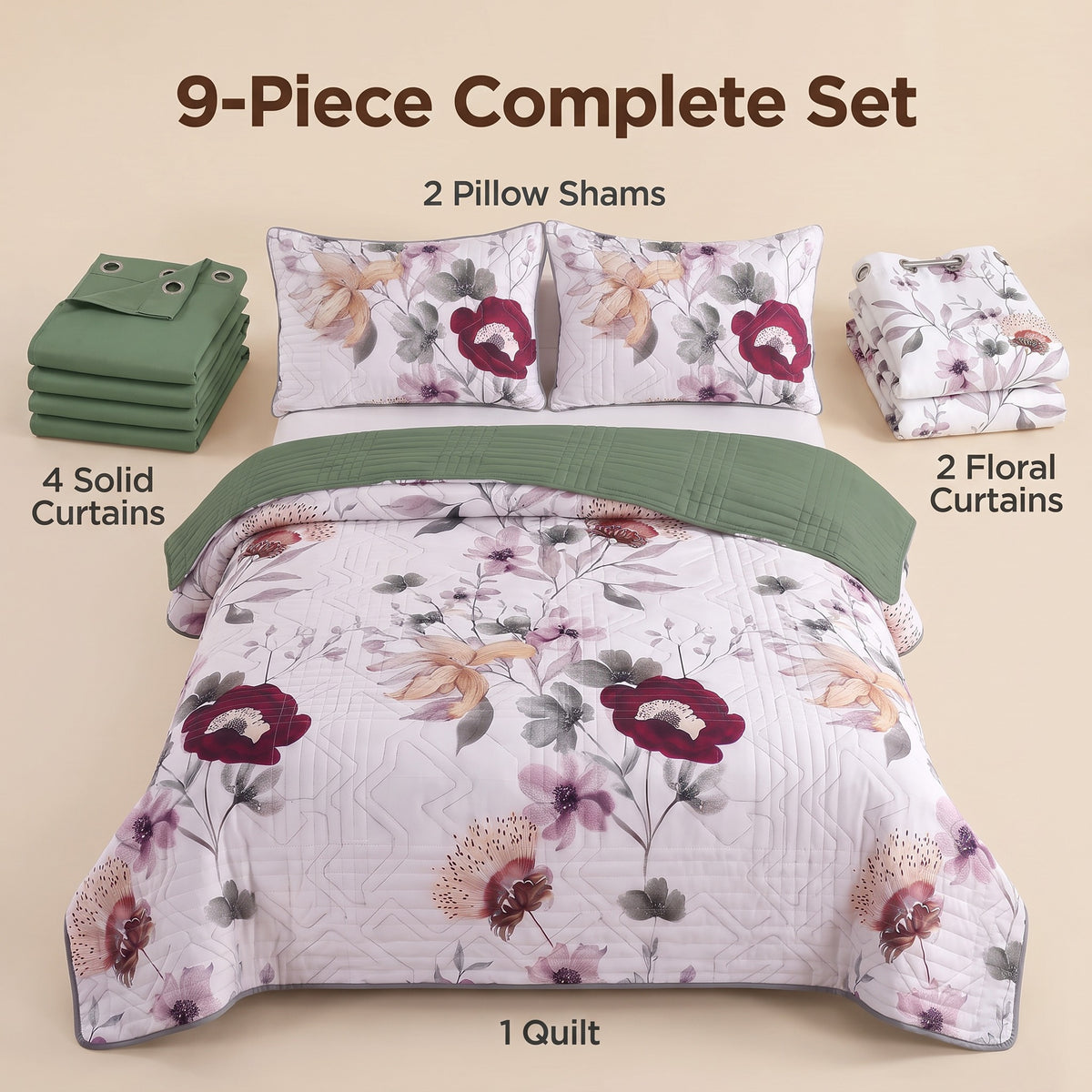 Sage Green Floral Bedspread & Curtain Set – 9 Pieces