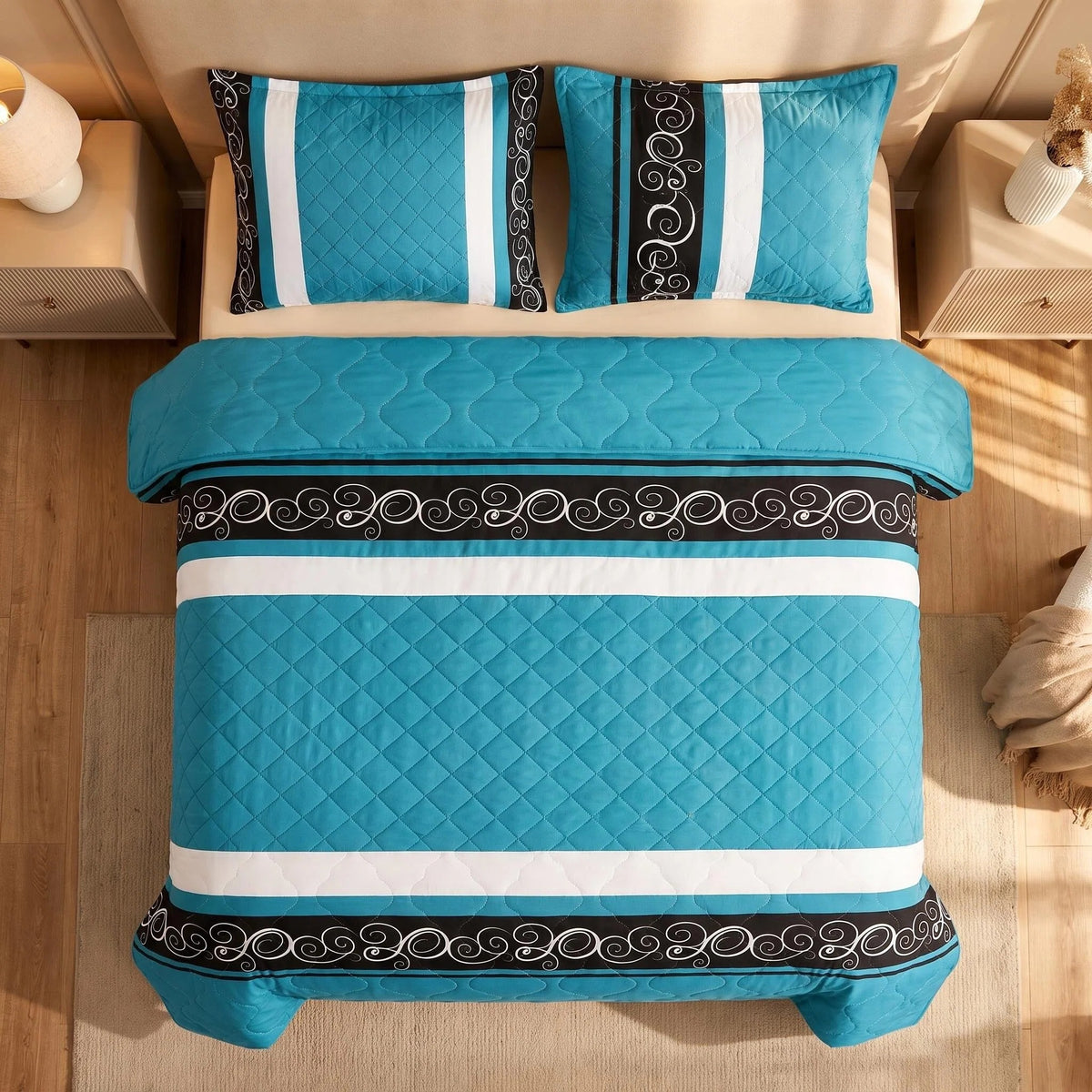 Teal & Black Swirl Bedspread & Curtain Set – 9 Pieces