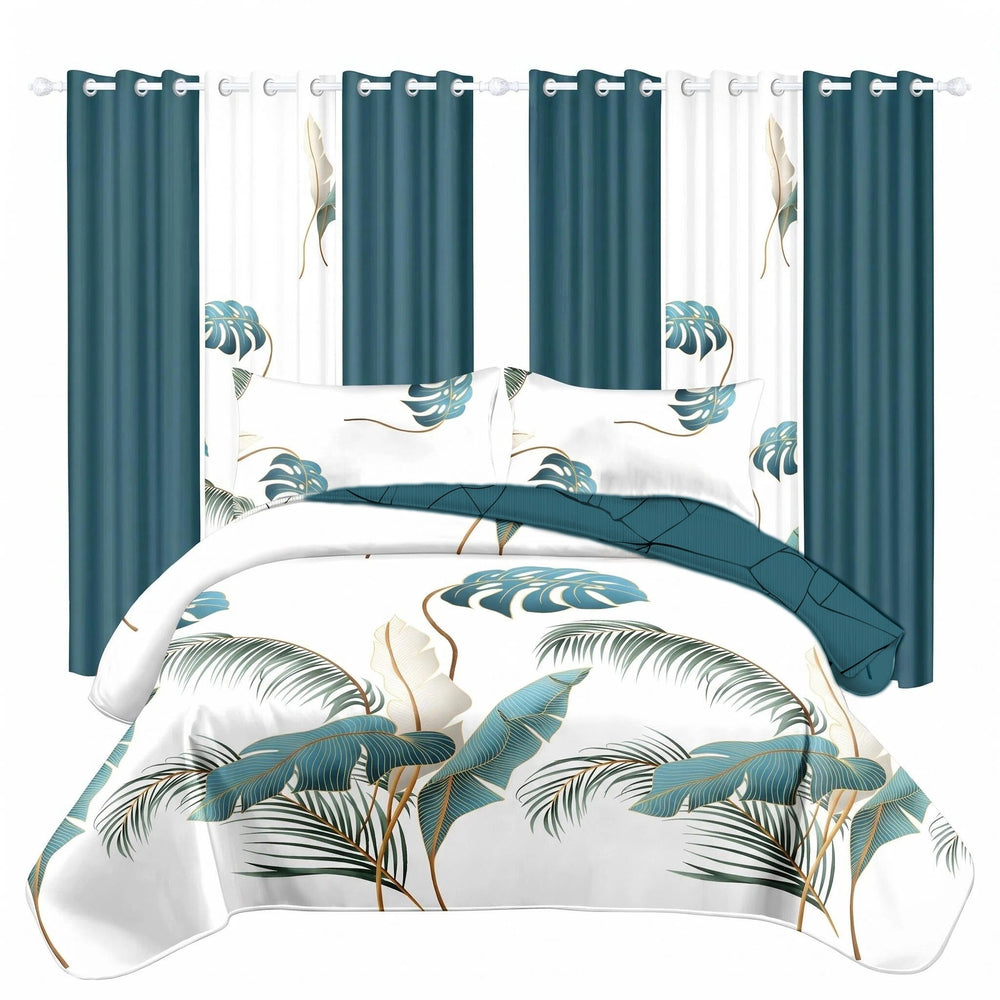 Four solid and two printed light-filtering curtain panels hung together on a rod