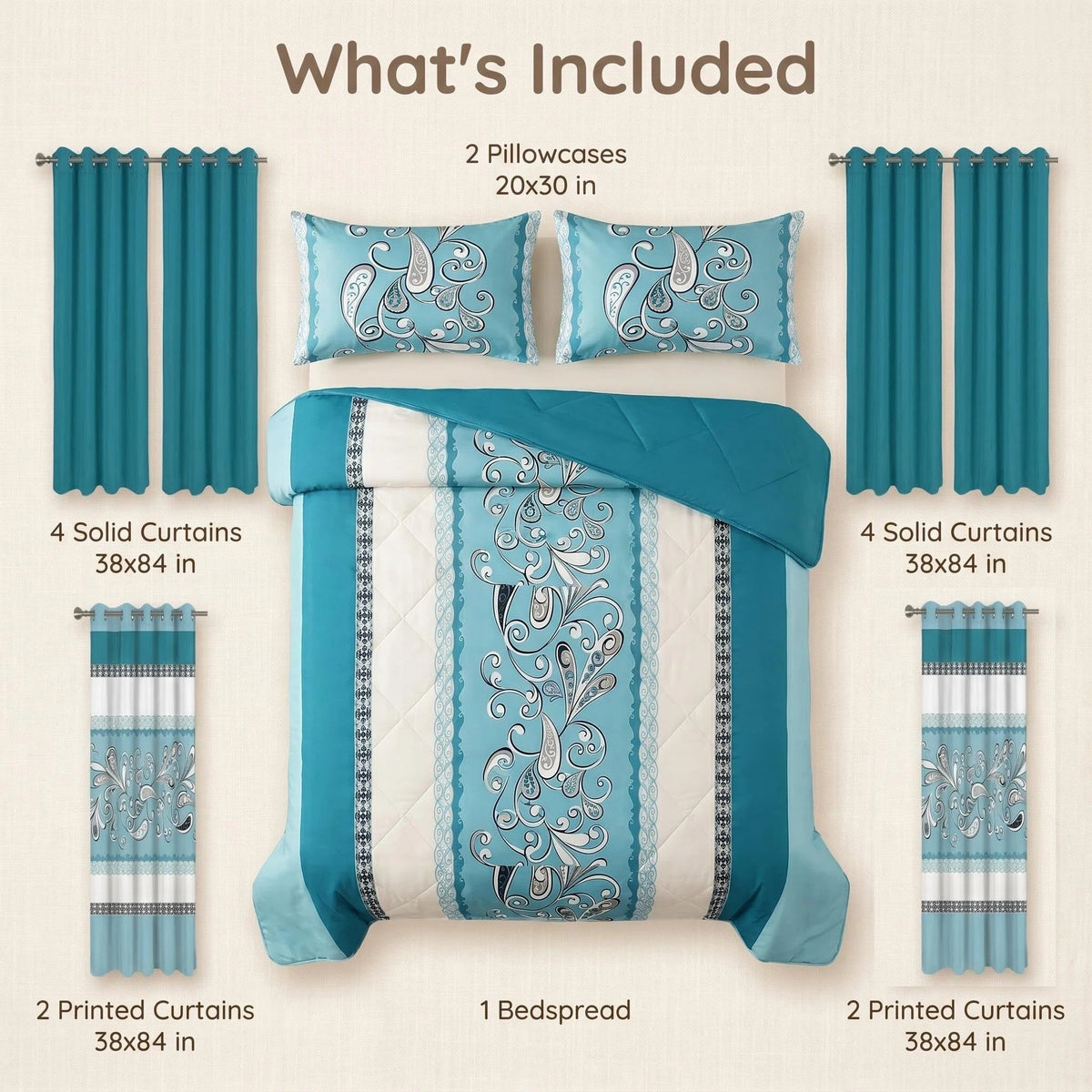 Nine included pieces: one bedspread, two pillow shams and six curtain panels — click image to close