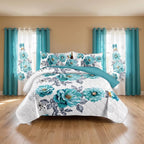 White & Blue Gem Floral Bedspread & Curtain Set – 9 Pieces