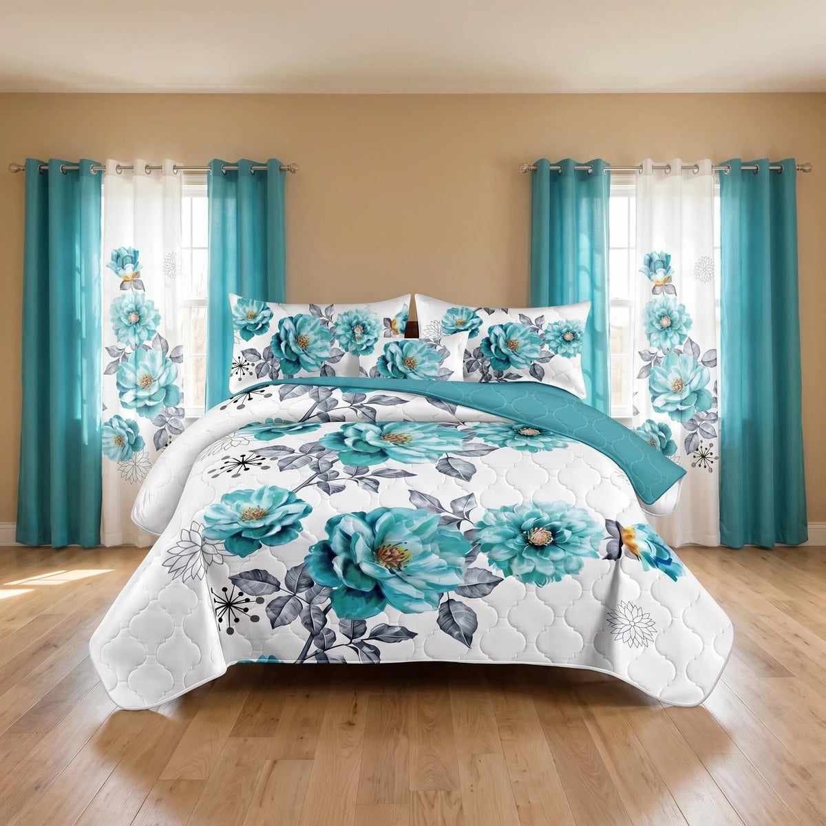 White & Blue Gem Floral Bedspread & Curtain Set – 9 Pieces