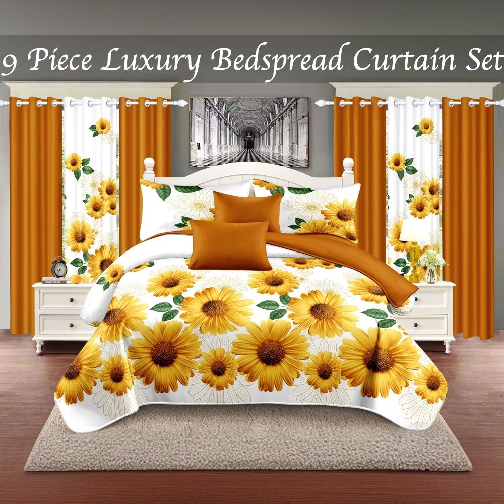 Yellow Daisy bedspread and curtain set - coordinated bedroom