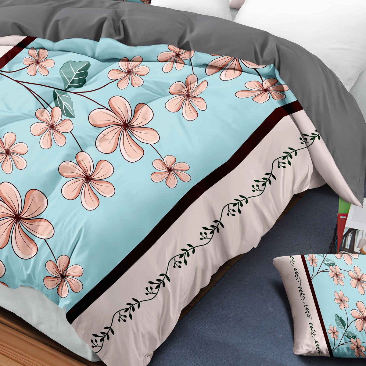 Bedspread close-up showing 130 GSM microfiber fabric, 200 GSM filling and quilted stitching