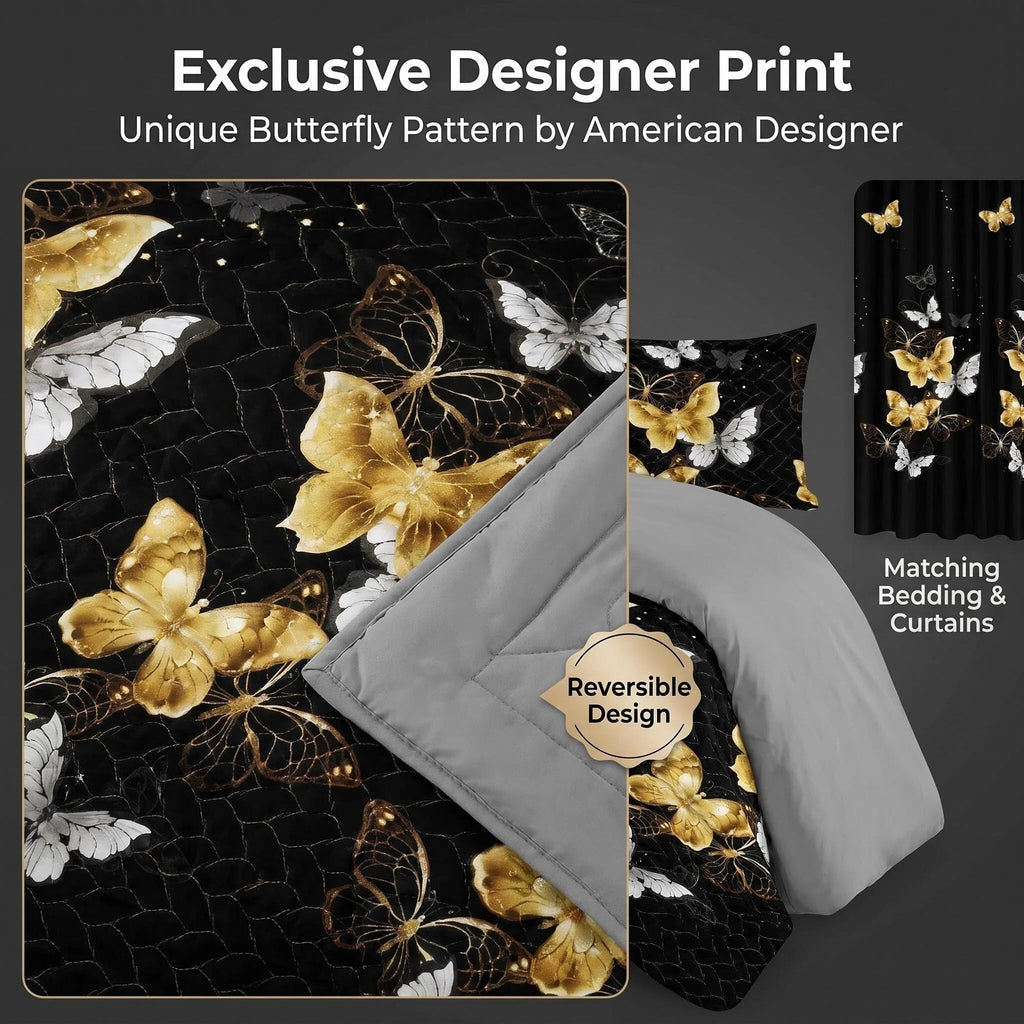 Black & Gold Butterfly Bedspread & Curtain Set – 9 Pieces