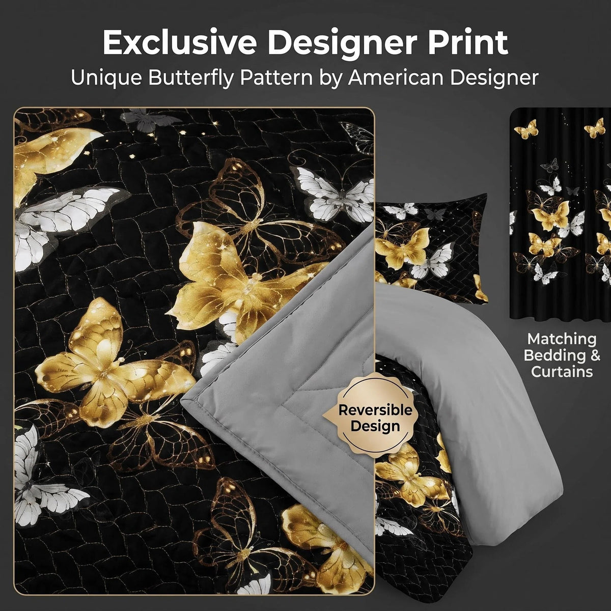 Black & Gold Butterfly Bedspread & Curtain Set – 9 Pieces