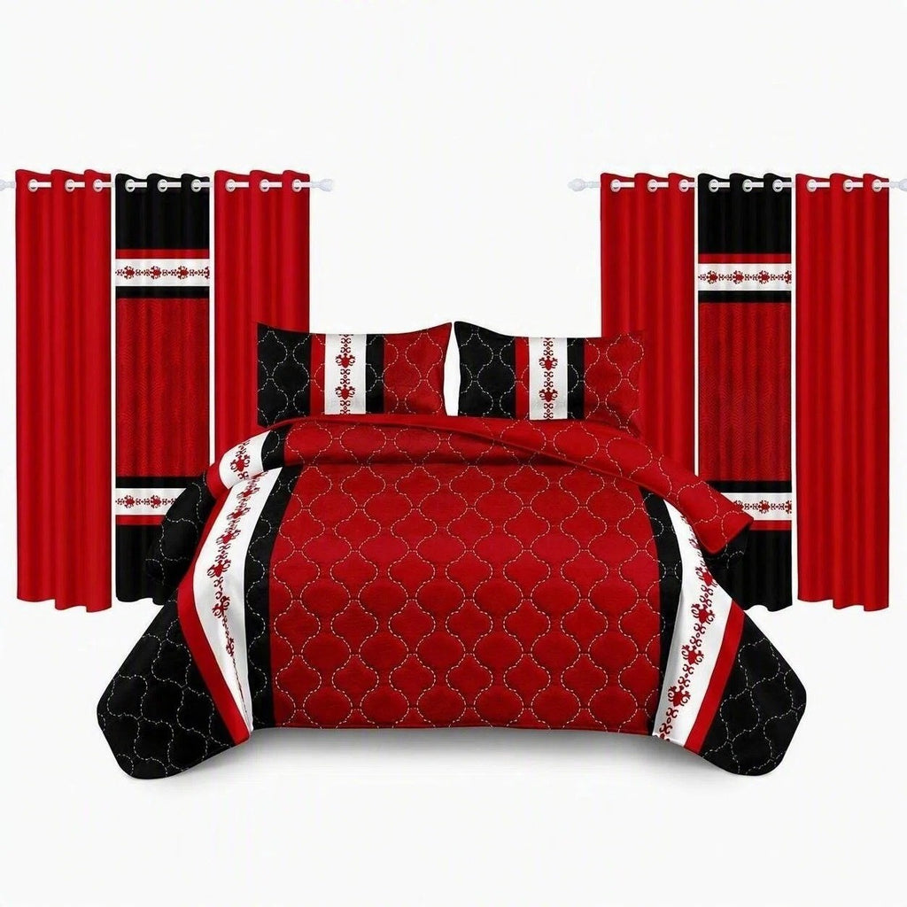 Black & Red Bohemian bedspread and curtain set - coordinated bedroom