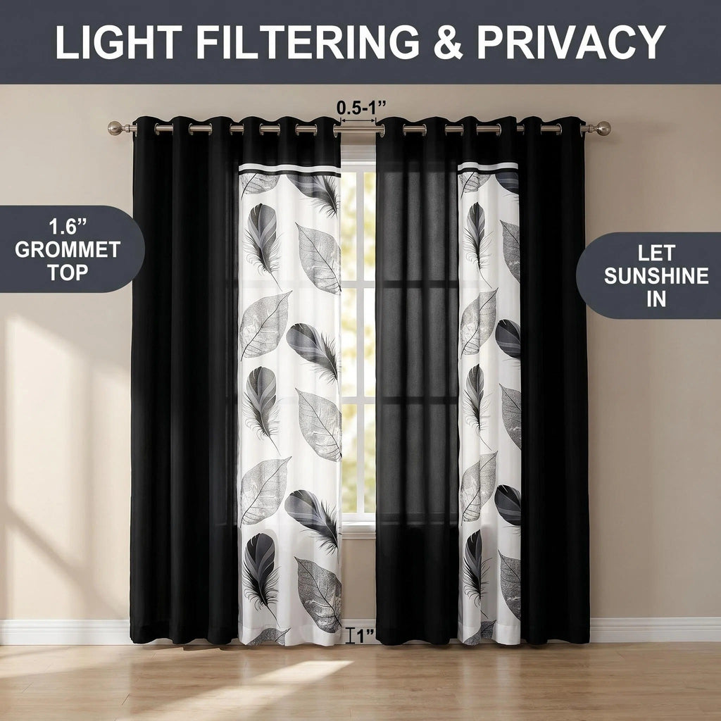 Black & White Feather bedspread and curtain set - matching curtain panels