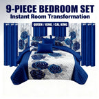 Royal Blue Rose Bedspread & Curtain Set – 9 Pieces