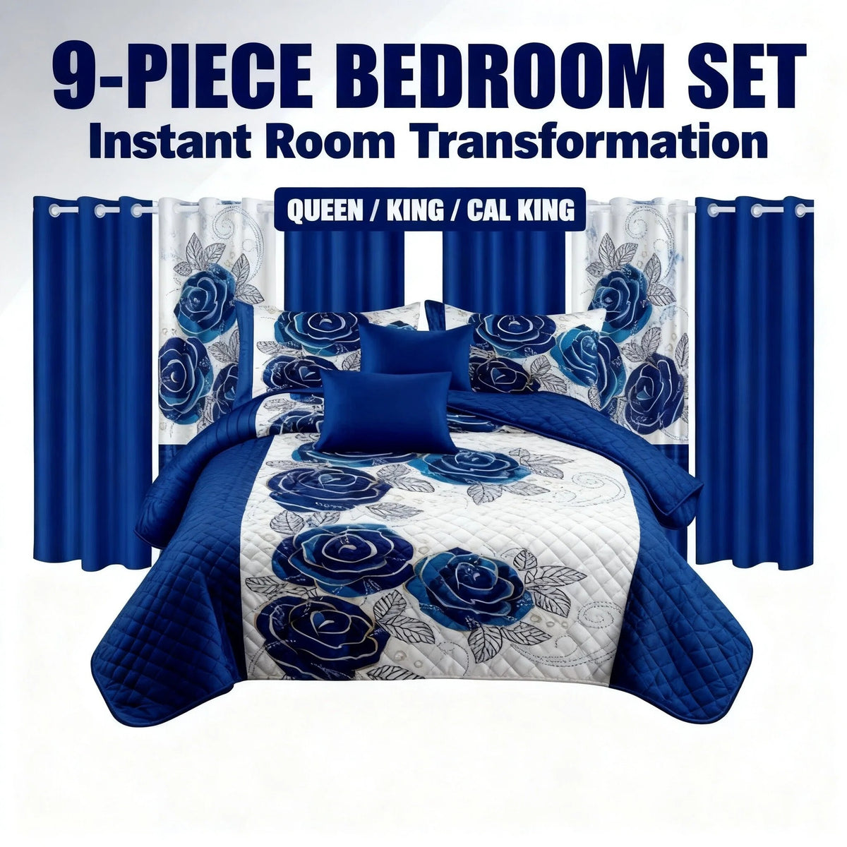 Nine included pieces: one bedspread, two pillow shams and six curtain panels — click image to close