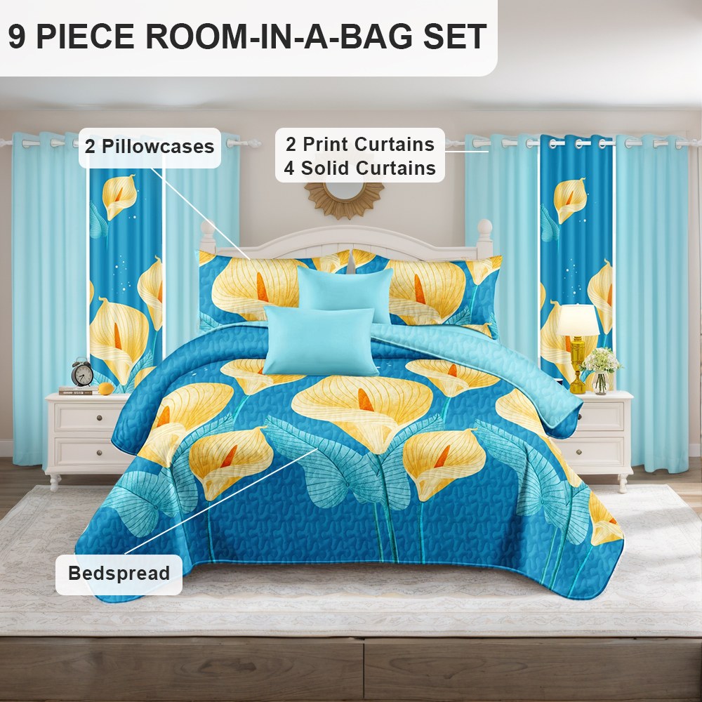 Nine included pieces: one bedspread, two pillow shams and six curtain panels — click image to close
