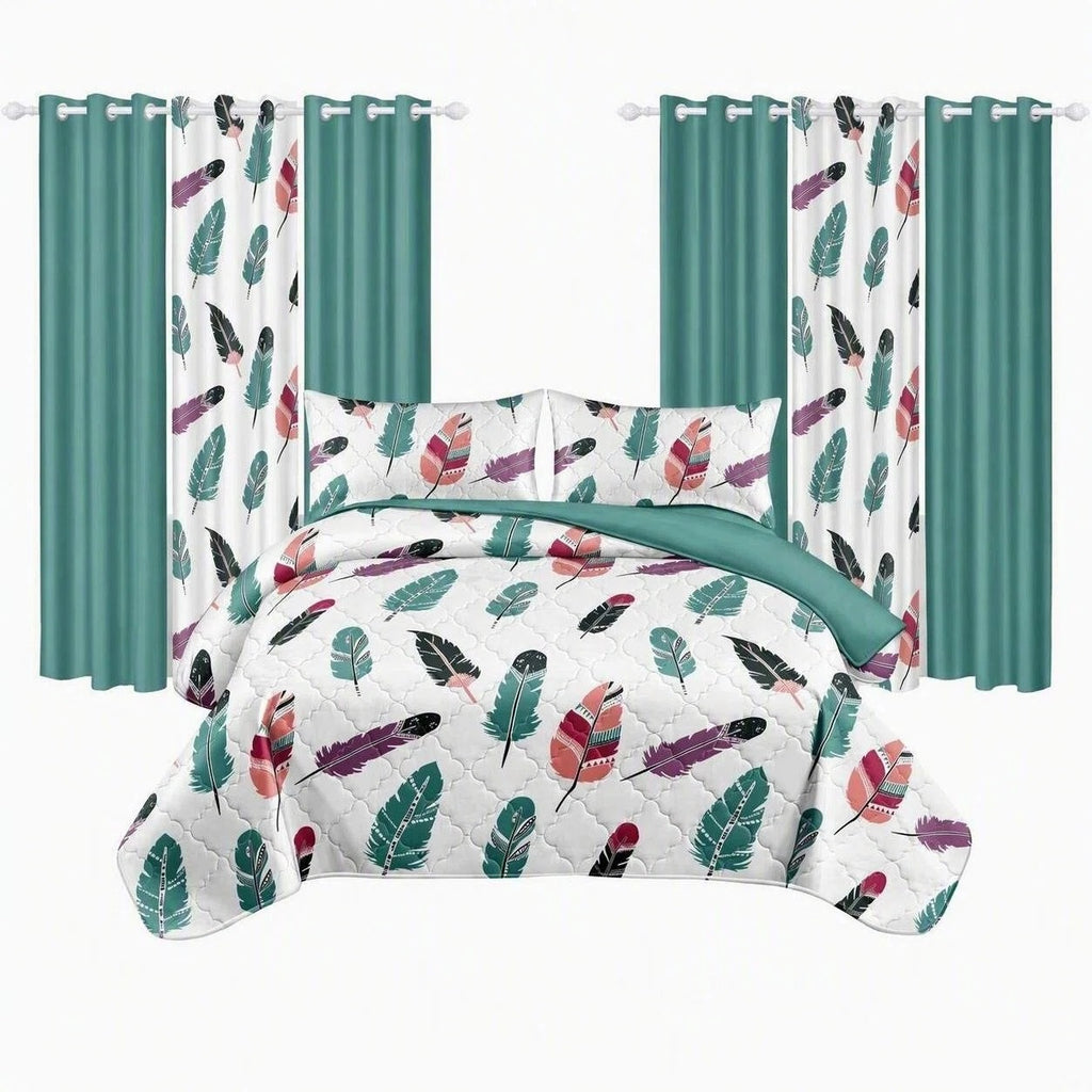Boho Feather Bedspread & Curtain Set – 9 Pieces