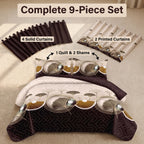 Brown Ginkgo Leaf Bedspread & Curtain Set – 9 Pieces