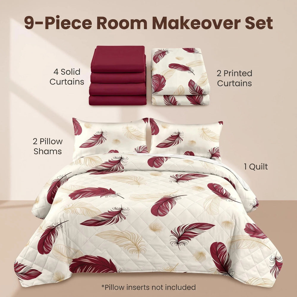 Nine included pieces: one bedspread, two pillow shams and six curtain panels