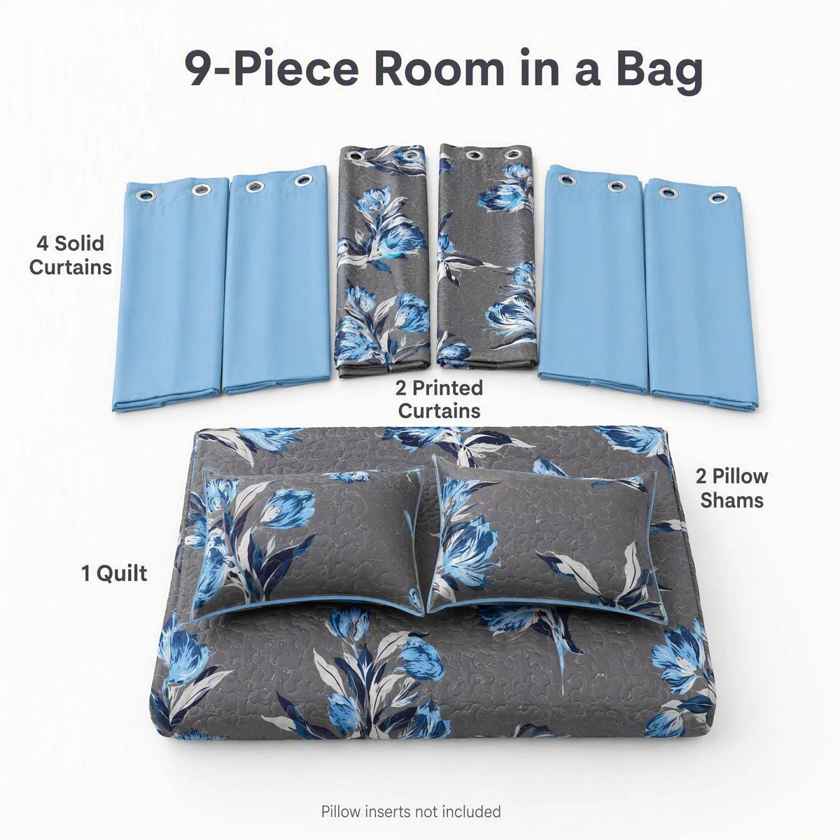 Charcoal & Blue Floral Bedspread & Curtain Set – 9 Pieces