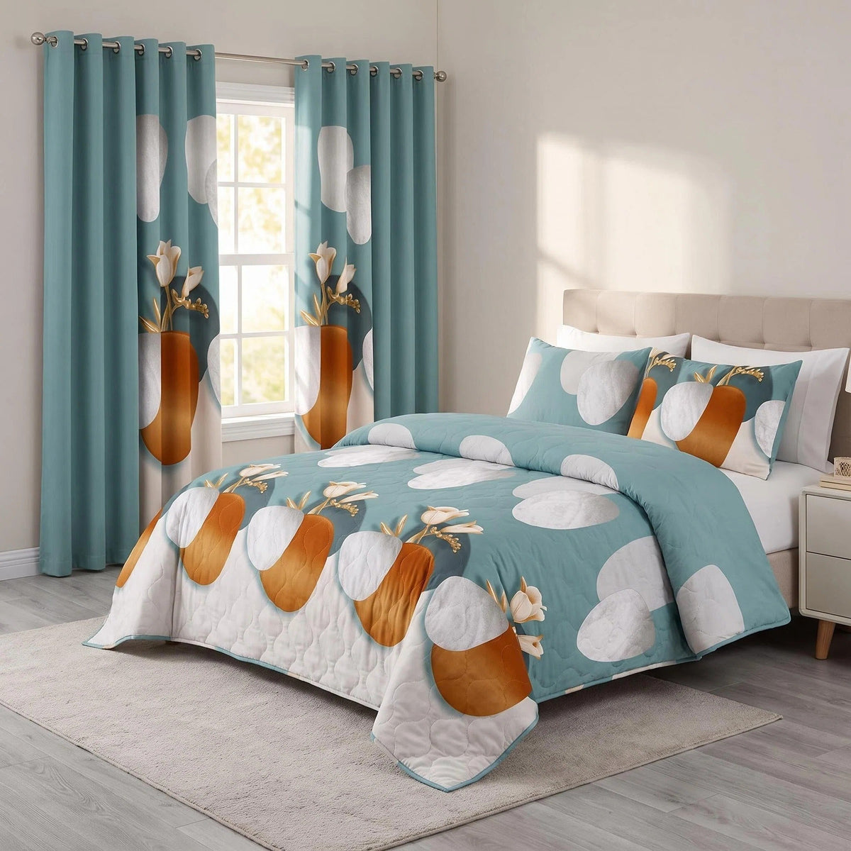 Green Geometric Circle bedspread and curtain set - coordinated bedroom