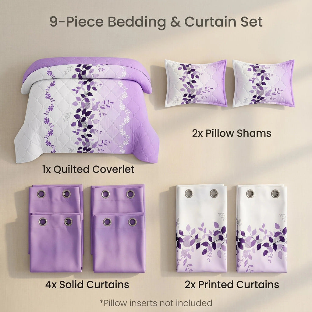 Lavender Leaf Bedspread & Curtain Set – 9 Pieces