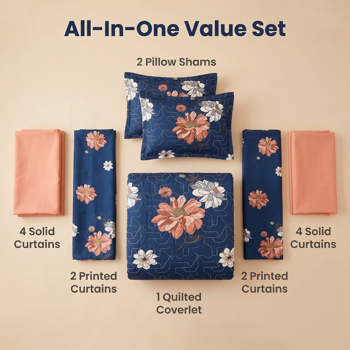 Nine included pieces: one bedspread, two pillow shams and six curtain panels — click image to close