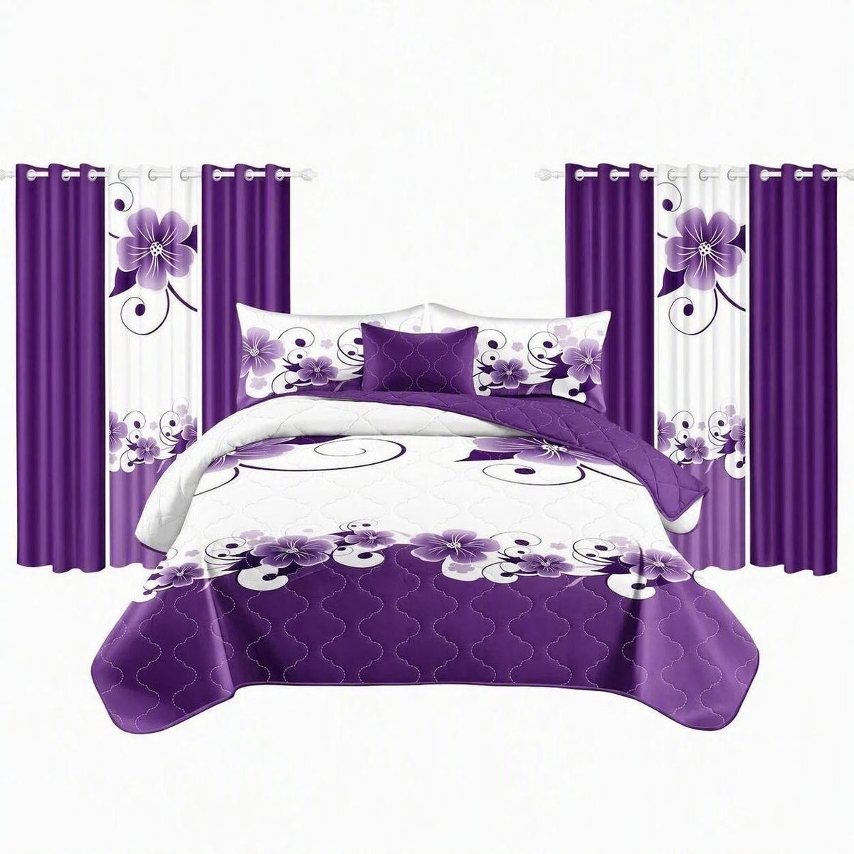 Purple Gardenia Bedspread & Curtain Set – 9 Pieces