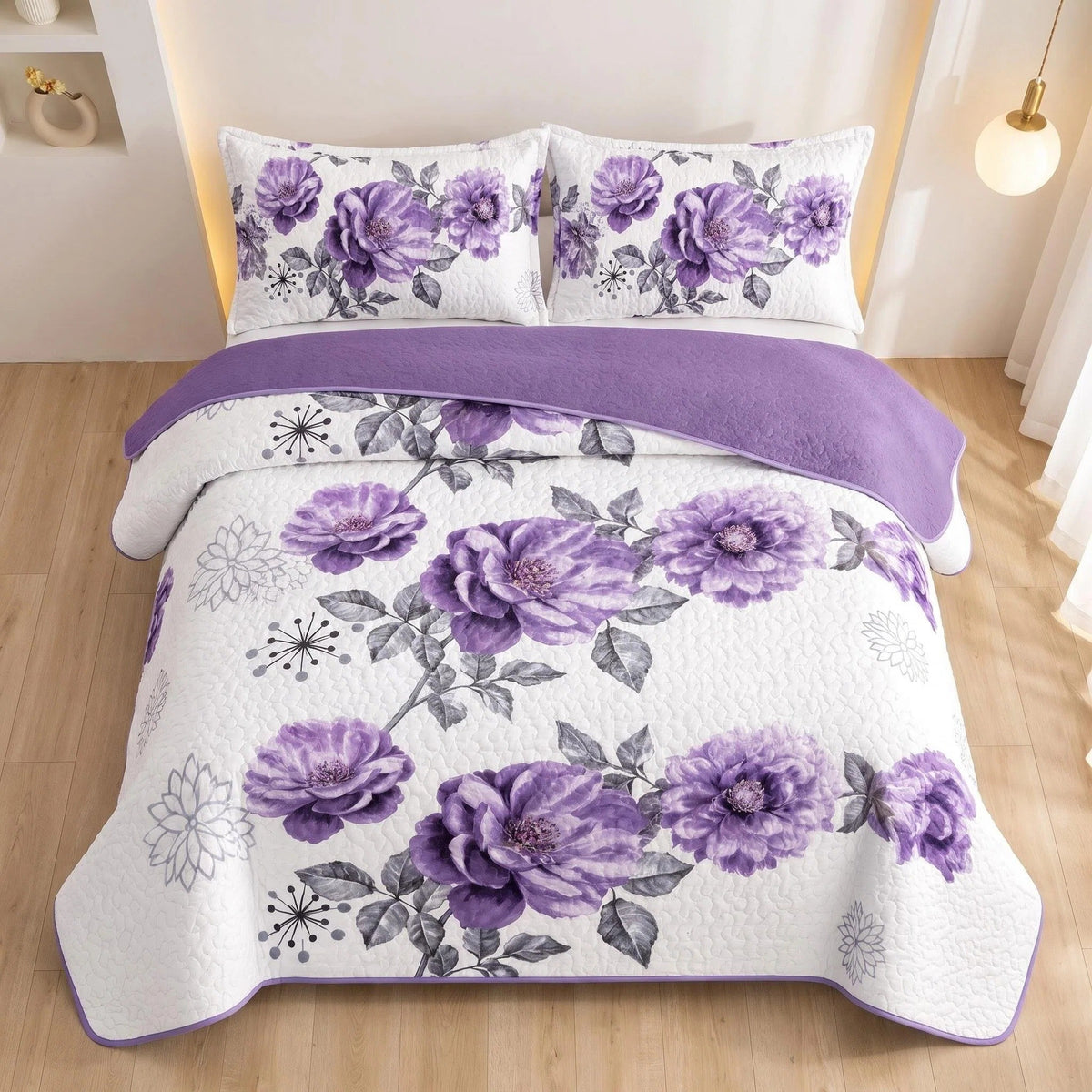 Purple Gem Floral bedspread and curtain set - overhead pattern view