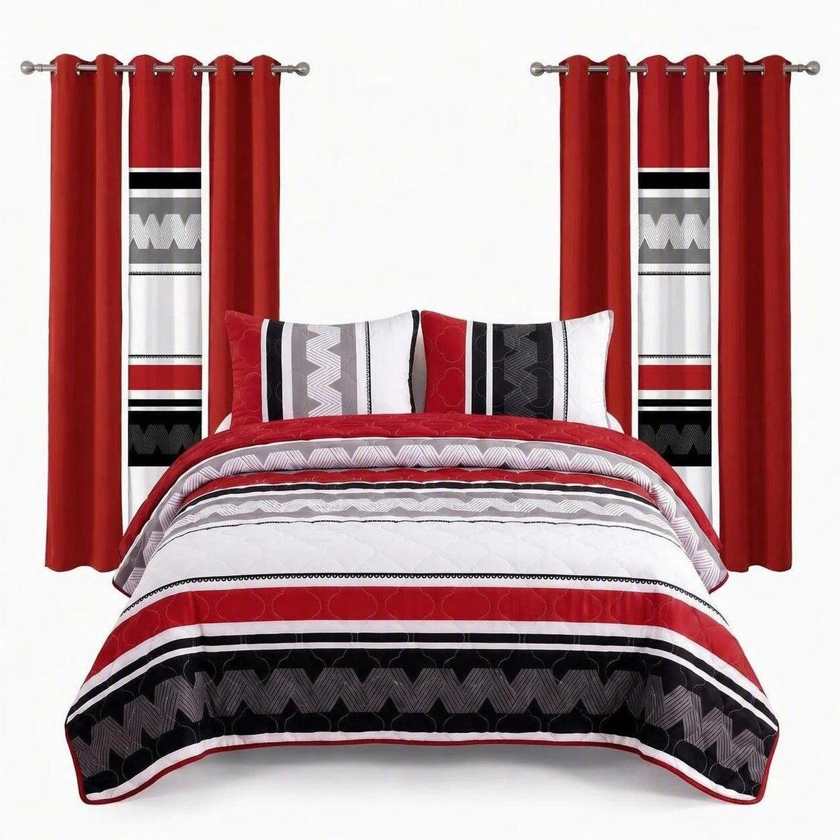 Red & Black Geometric Chevron bedspread and curtain set - coordinated bedroom